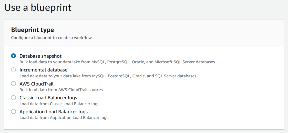 Figure 2. AWS Lake Formation Blueprints Selection