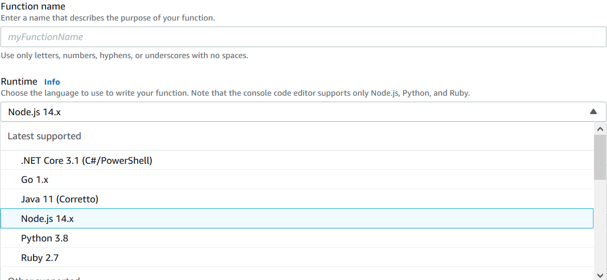 Figure 4. Selection of AWS Lambda Runtime Environment