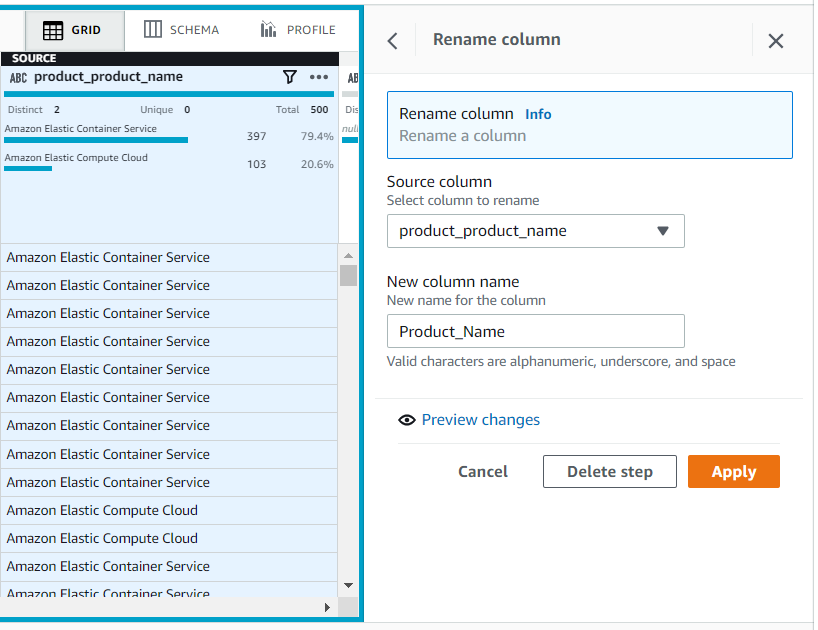 Figure 3. DataBrew recipe action: rename column