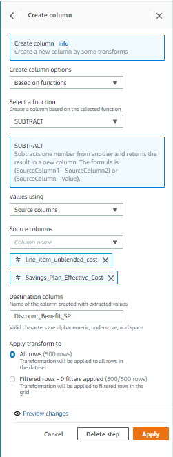 Figure 4. DataBrew recipe action: Create column from function