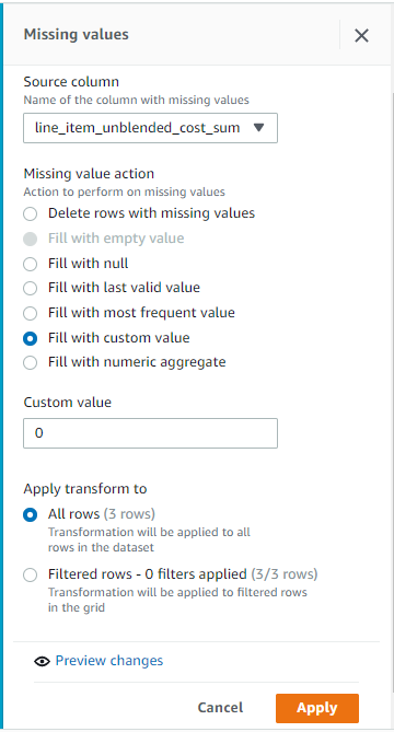 Figure 5. DataBrew recipe action: fill missing values