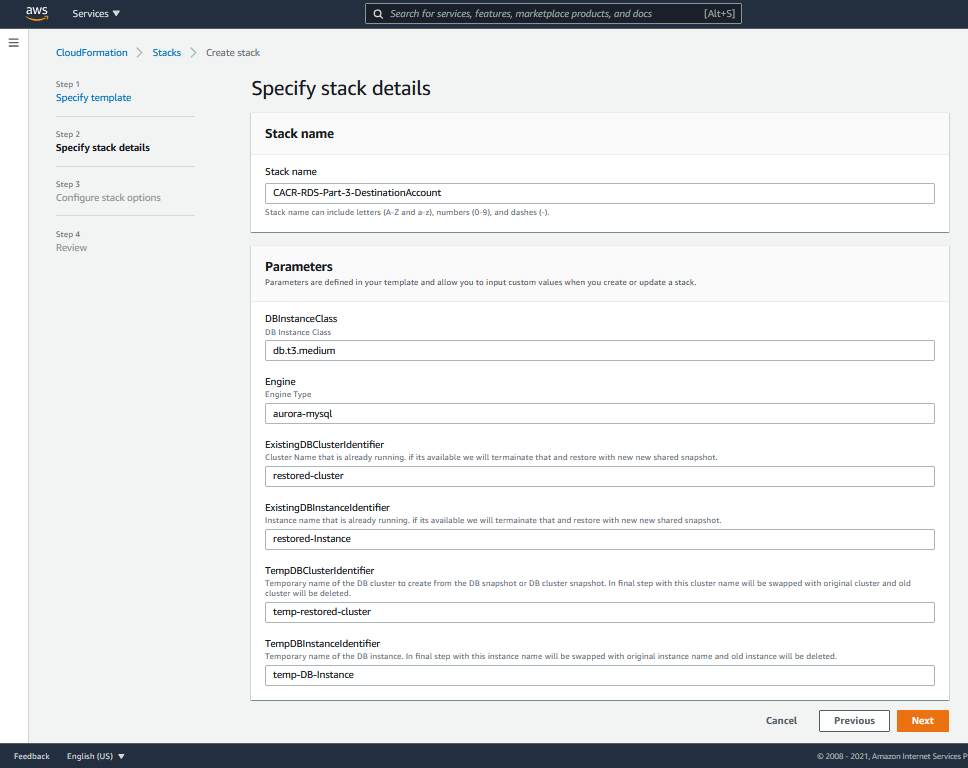 Specify stack details screenshot