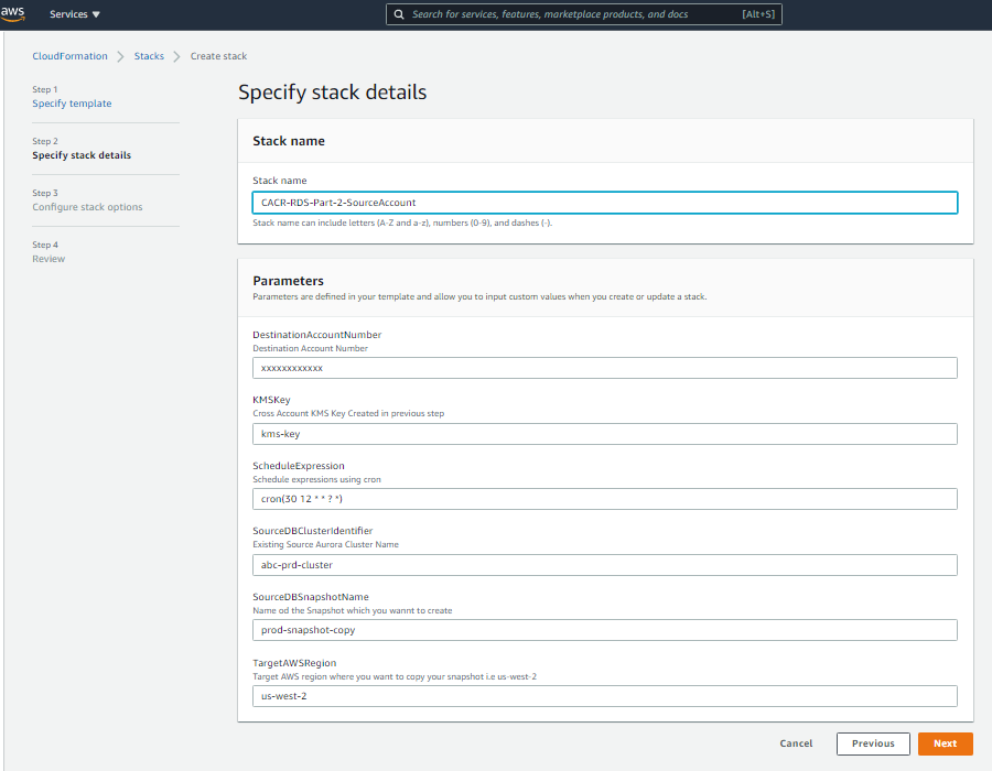 Specify stack details screenshot