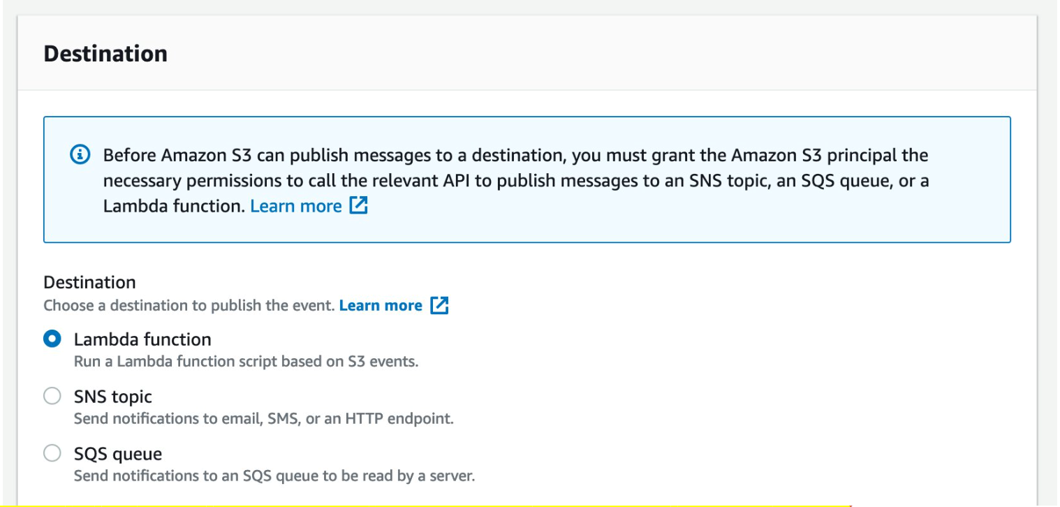 Figure 3. S3 Event Notifications subresource destination settings