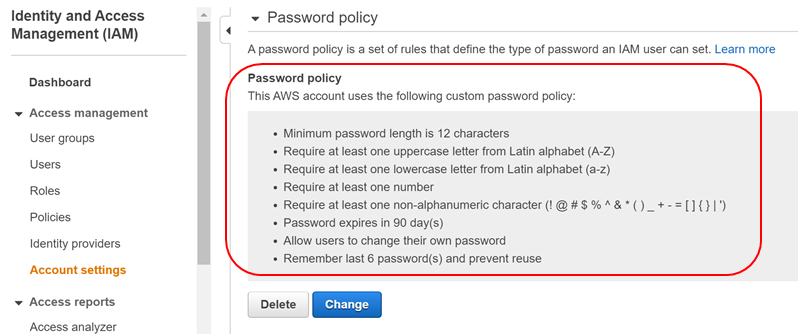 Figure 6. IAM custom password policy of member account
