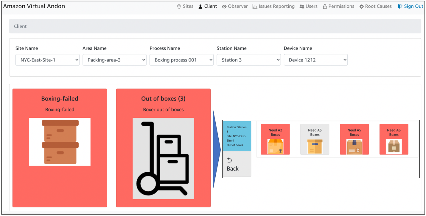 Figure 4. AVA allows you to raise issues and sub issues (for example, ‘Out of boxes’ allows you to specify the kind of boxes you need to resolve the issue)