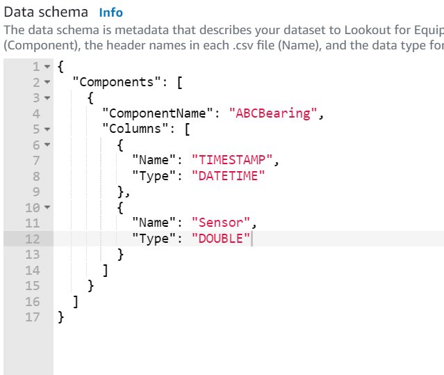 Figure 7: Data Schema used for Dataset Ingestion in Amazon Lookout for Equipment for ABC Vibration Sensor