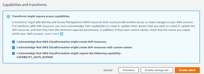 d. Acknowledge to create various resources including IAM roles/policies and select Create Stack.
