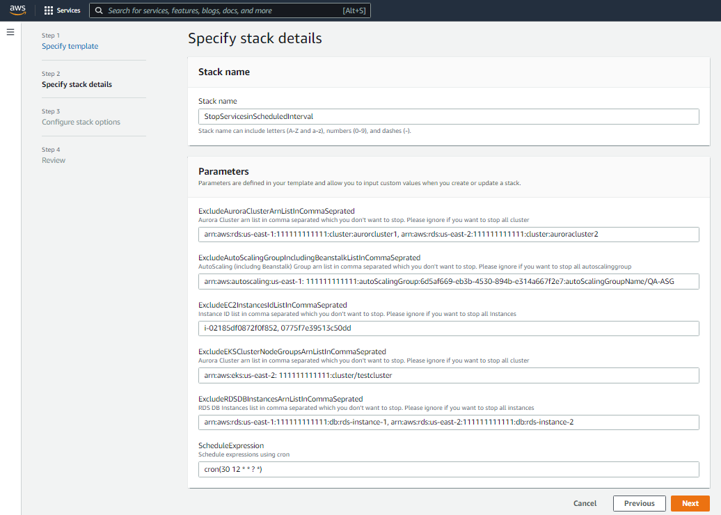 Specify stack details screenshot