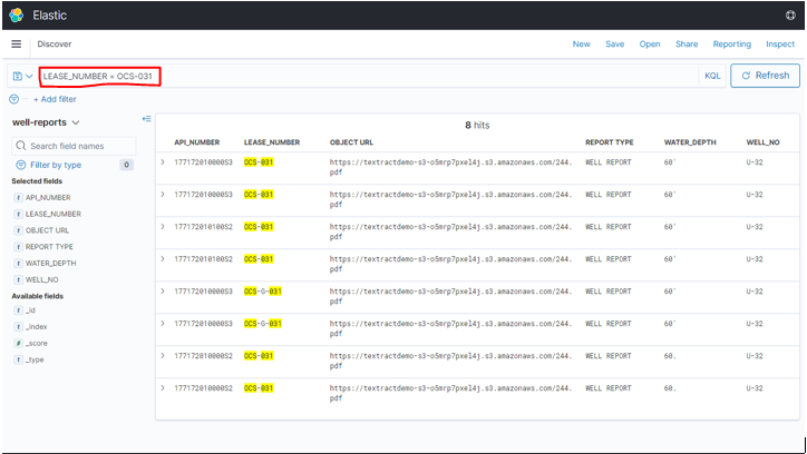 Figure 11. Kibana dashboard search on Lease Number