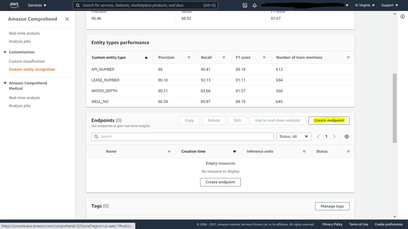 Figure 7. Comprehend endpoint creation