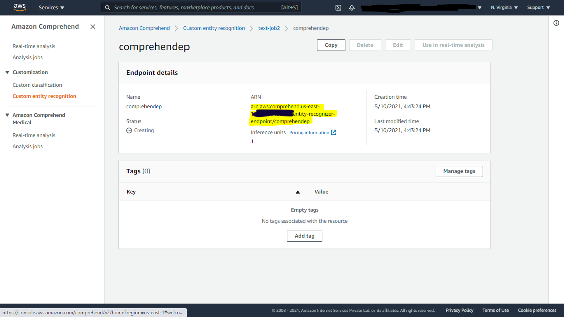 Figure 8. Comprehend endpoint created successfully