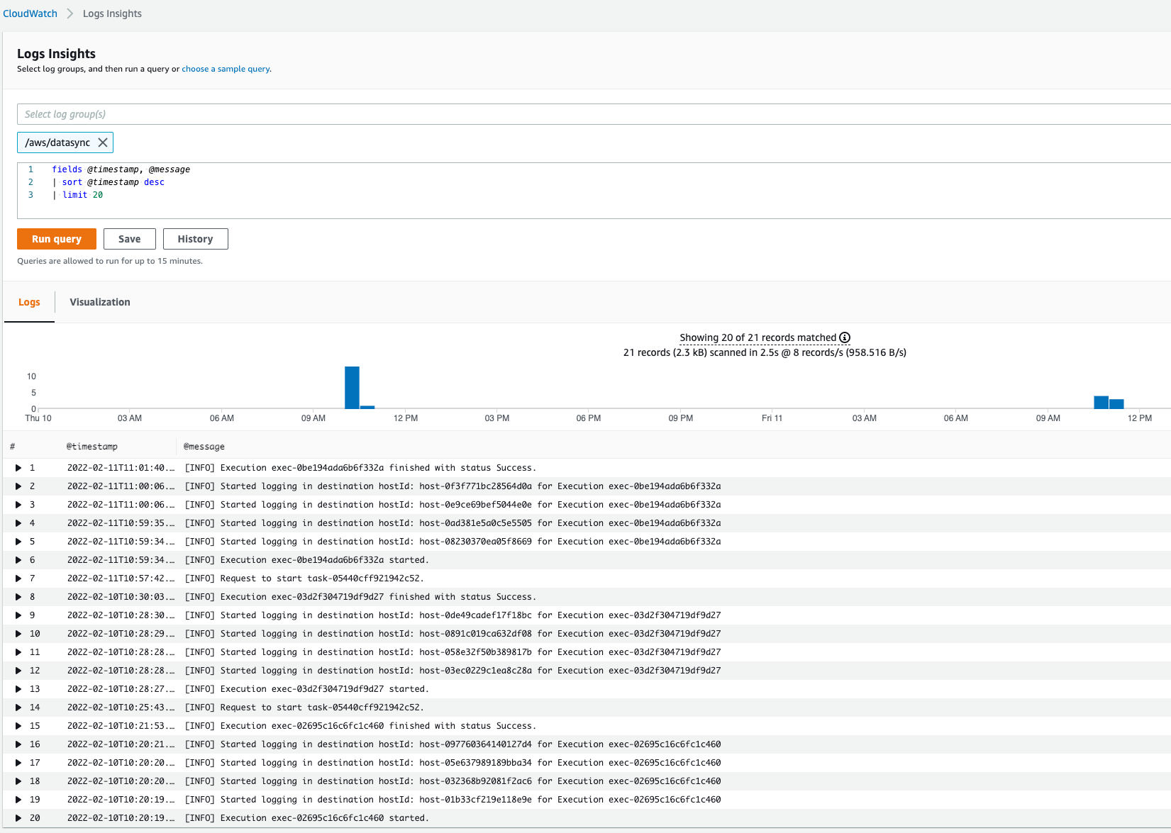 Figure 10. Amazon CloudWatch Logs Insights for querying logs