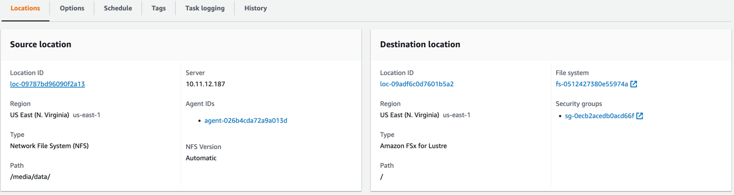 Figure 4. Configure source and destination location for AWS DataSync task