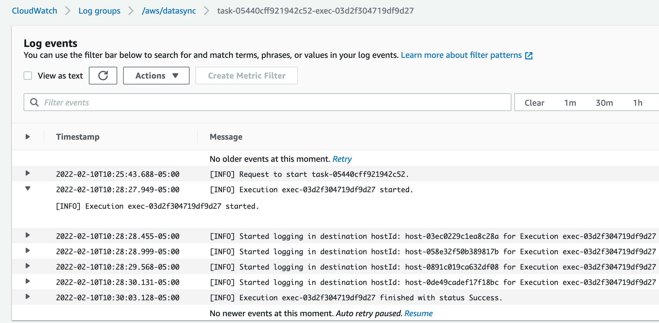 Figure 9. AWS DataSync logs in Amazon CloudWatch