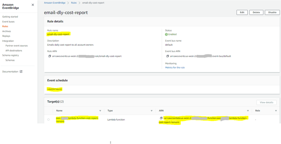 A screenshot of the Amazon EventBridge console showing an EventBridge rule