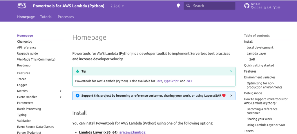 Homepage of Powertools for AWS Lambda (Python)