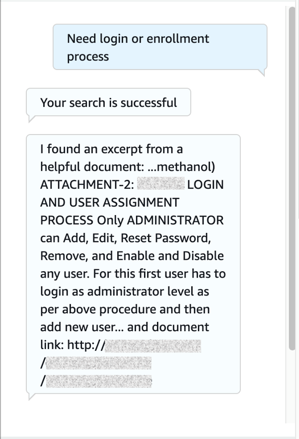 Example of document search prompt and chatbot response