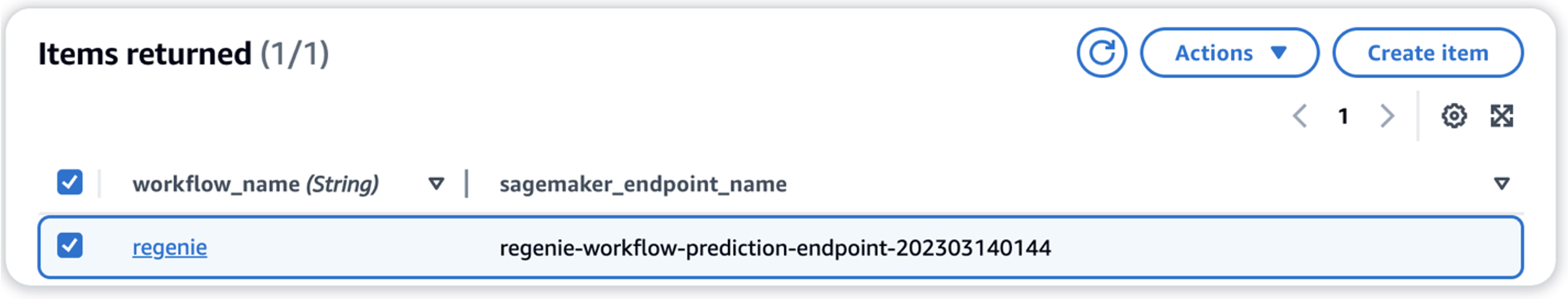 This visual displays an exemplary DynamoDB record. The record includes the Amazon SageMaker hosted endpoint that AWS Lambda would retrieve for a regenie workflow.