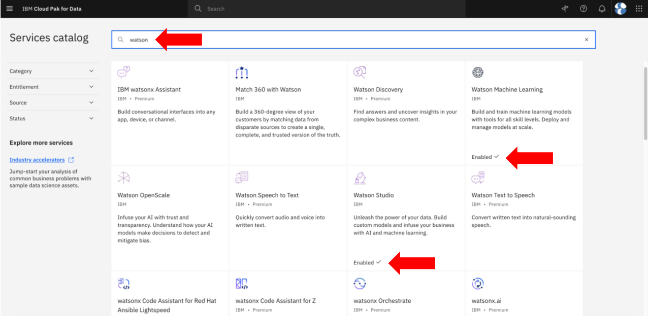 Services enabled in your CP4D catalog