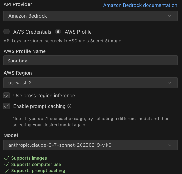 Amazon Bedrock configuration interface showing AWS authentication, region settings, and Claude model with caching enabled
