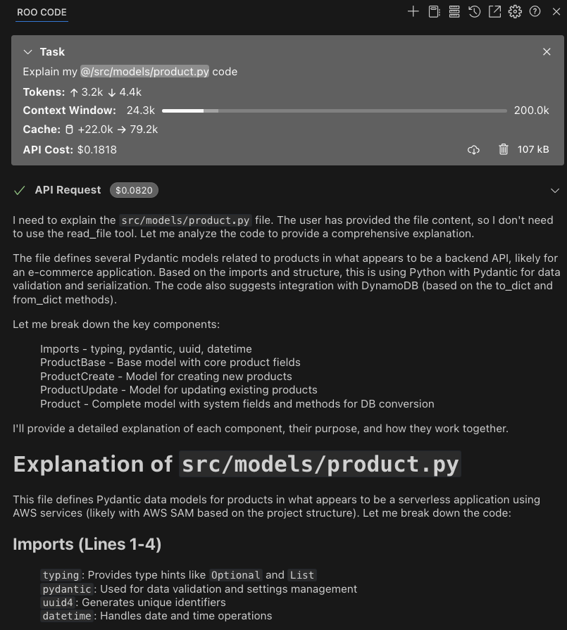 IDE showing Roo Code analysis with metrics, API costs, and detailed Python code explanation