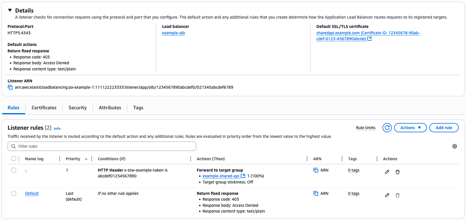 AWS Elastic Load Balancing configuration details, displaying the protocol, port, load balancer name, and SSL/TLS certificate for a listener.