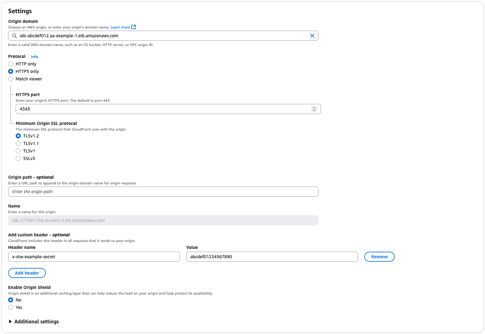 AWS CloudFront origin settings showing domain, protocol, SSL, and custom header options