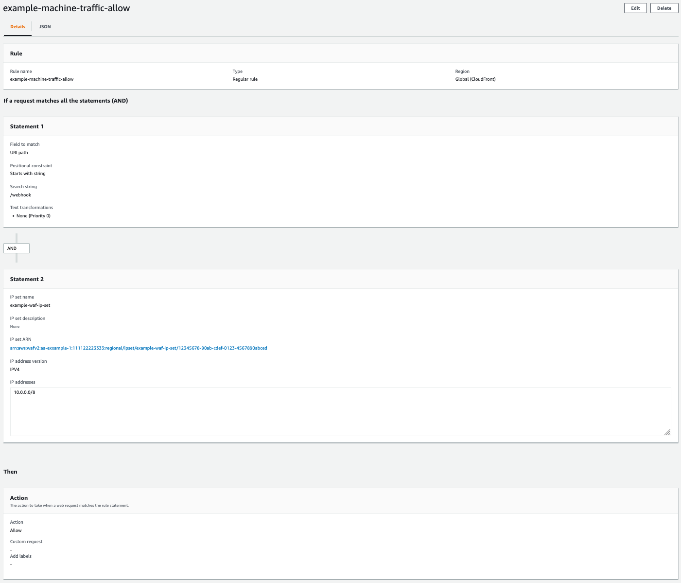 WAF rule configuration showing machine traffic allow rules with URI path and IP settings