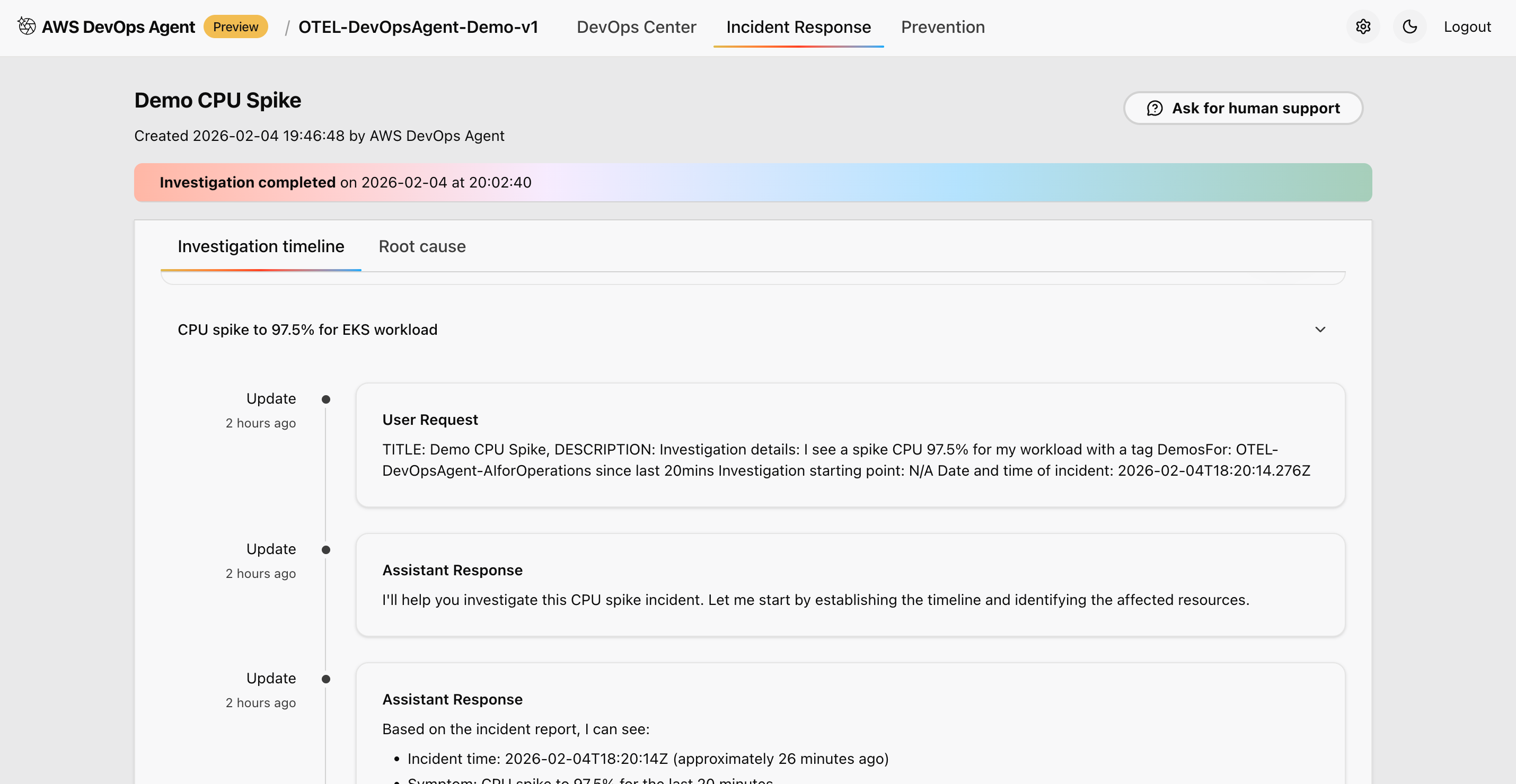 Screenshot of the AWS DevOps Agent Incident Response interface showing the investigation timeline for the "Demo CPU Spike" incident created on 2026-02-04. The timeline displays a user request describing a 97.5% CPU spike on an EKS workload, followed by two assistant responses tracking investigation progress. The investigation was completed at 20:02:40 on the same day.