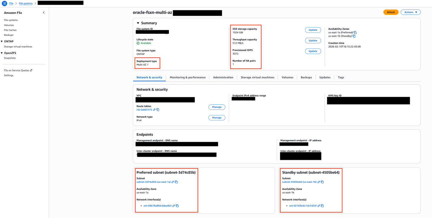 Amazon FSx console showing oracle-fsxn-multi-az file system configuration with ONTAP Multi-AZ 1 deployment, 1024 GiB SSD storage, 512 MB/s throughput, spanning us-east-1a preferred and us-east-1b standby subnets.