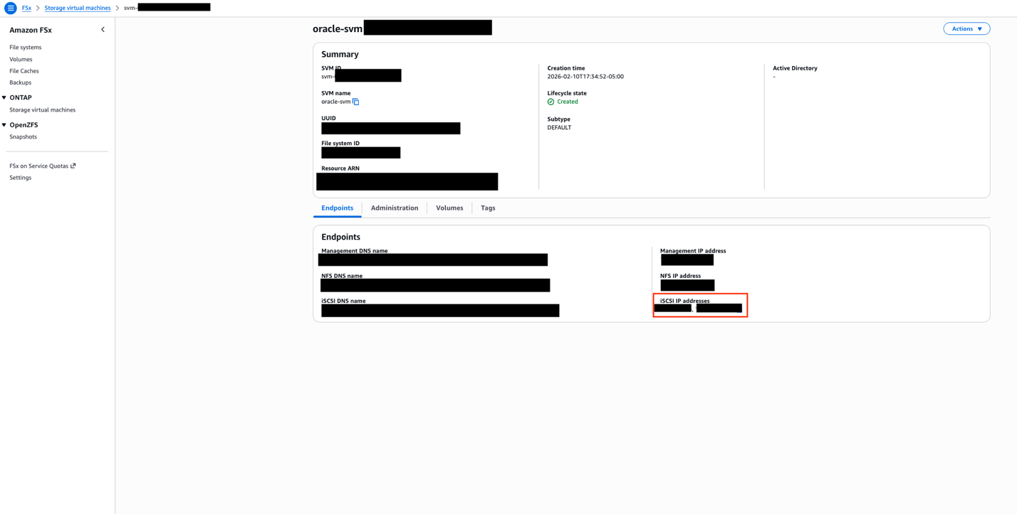 Amazon FSx Storage Virtual Machine configuration page showing oracle-svm with Created lifecycle state, NFS, iSCSI, and management endpoints for Oracle Database storage connectivity.