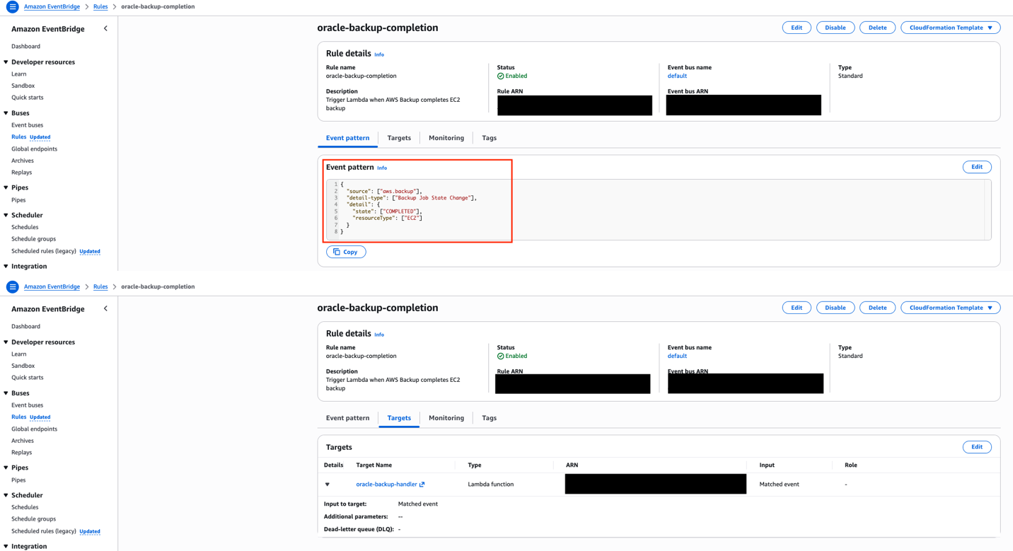 Amazon EventBridge rule oracle-backup-completion configured to trigger the oracle-backup-handler Lambda function when AWS Backup completes an EC2 backup job, with event pattern filtering for COMPLETED state.