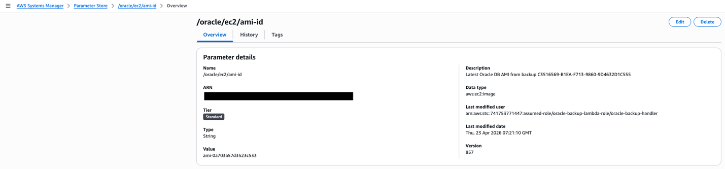 AWS Systems Manager Parameter Store showing /oracle/ec2/ami-id parameter with AMI value ami-0a705a7d5523c555, version 857, last modified by the oracle-backup-lambda-role on April 25, 2026.