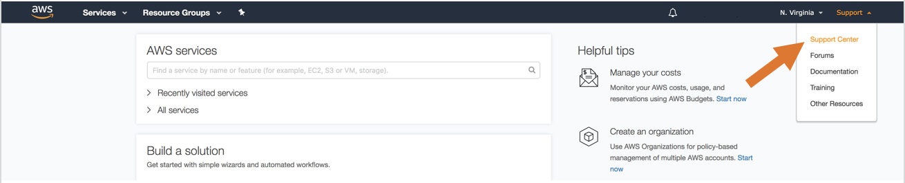 Click "Support" at the top right-hand corner of the console