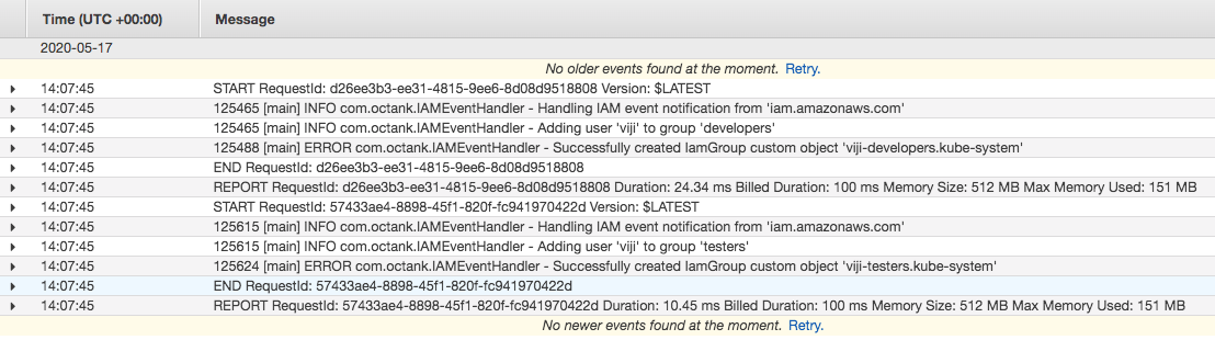 CloudWatch logs for AWS Lambda handling event notifications from AWS IAM