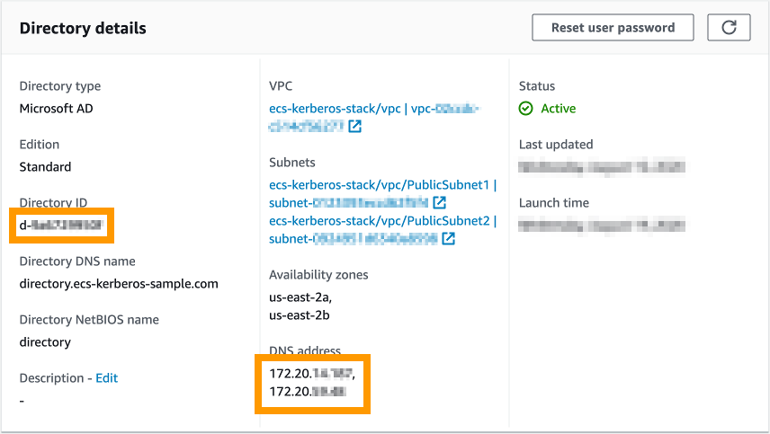 Example of the Directory Details in the AWS Management Console, with the Directory ID and DNS addresses fields highlighted