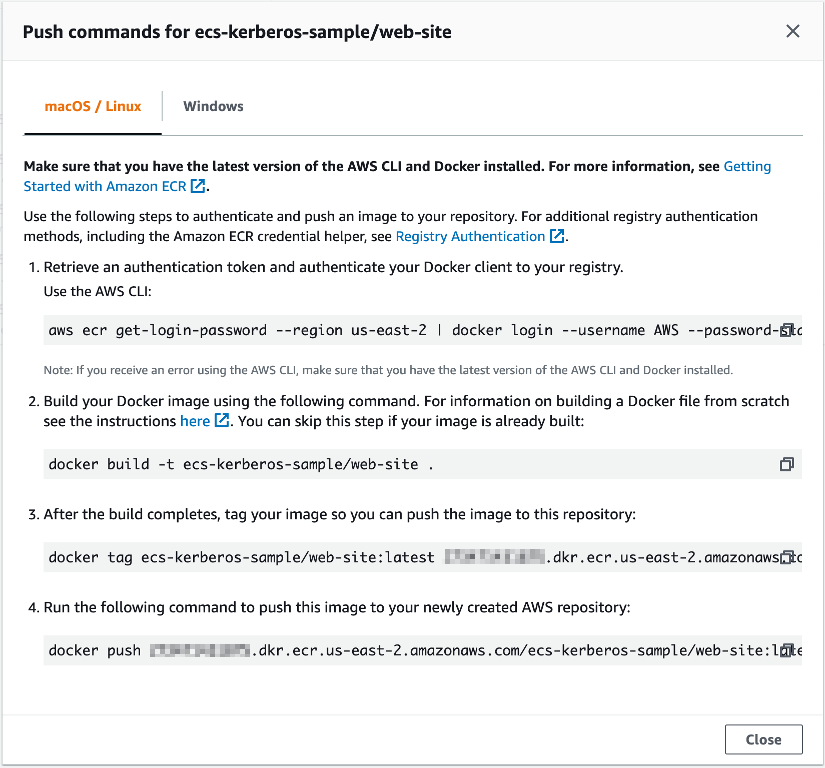 Example ECR push commands in the AWS Management Console