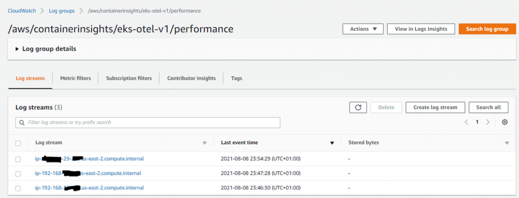 Log streams present under log group