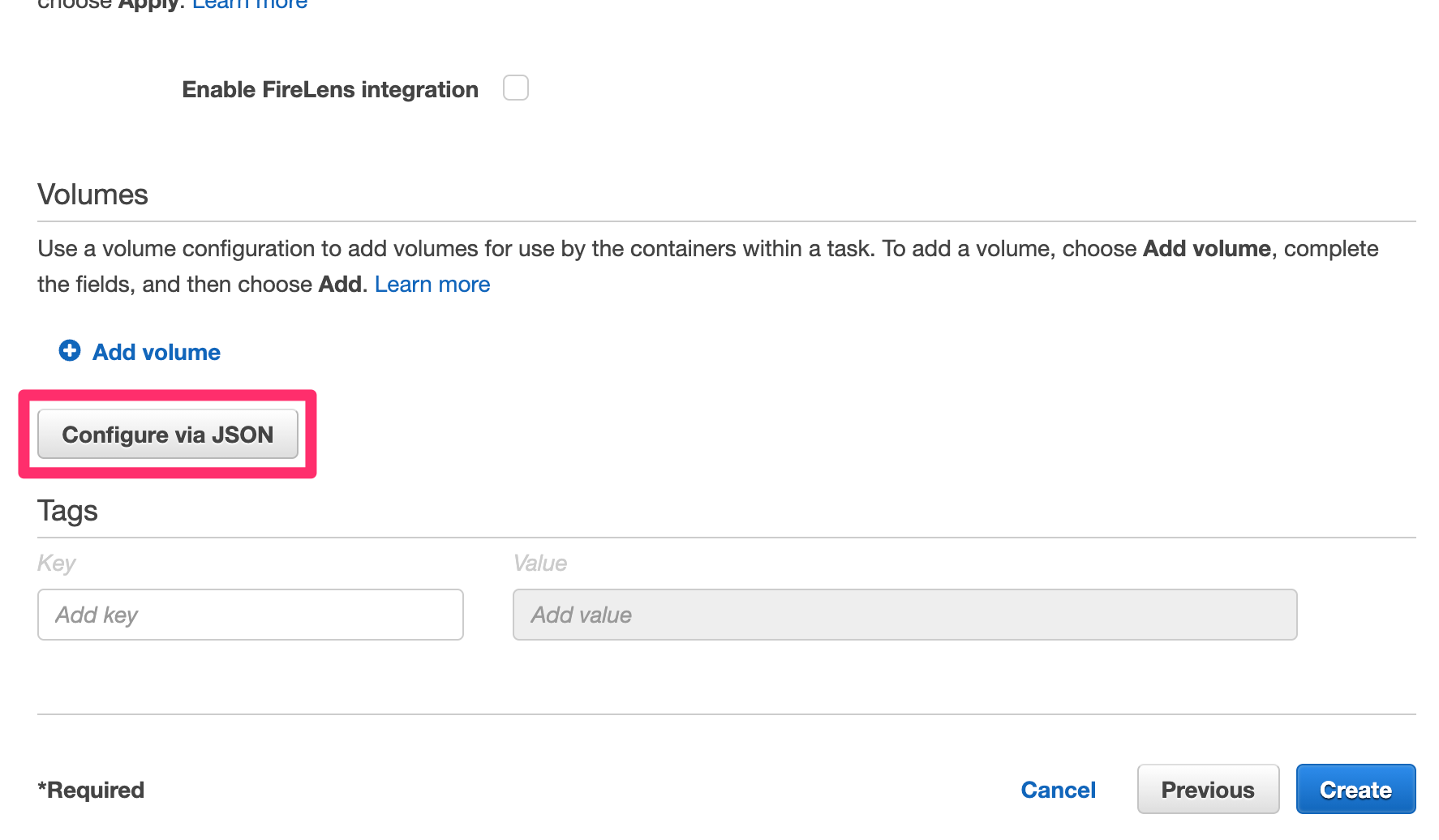 Selecting "Configure via JSON"
