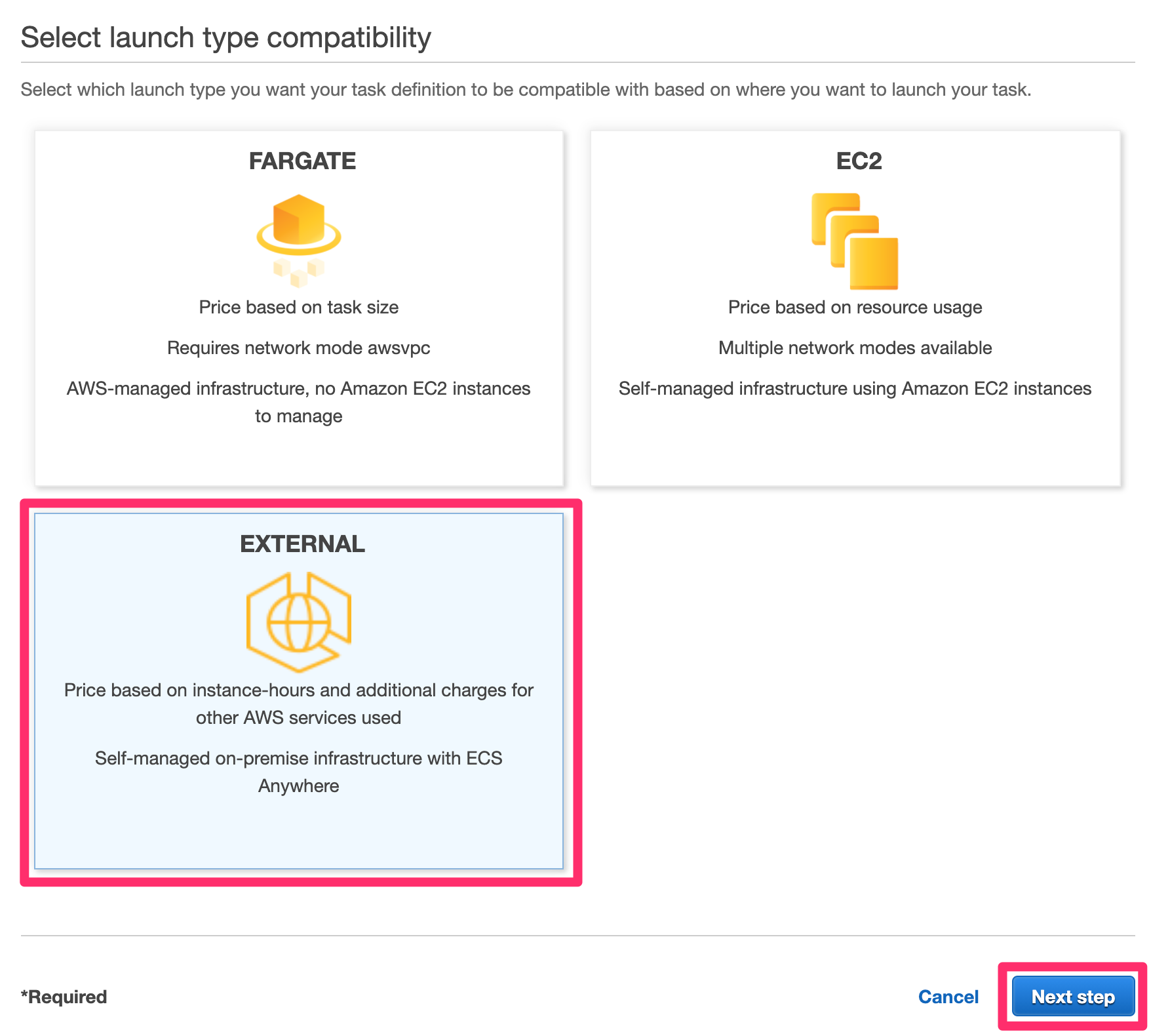 Selecting launch type for task definition