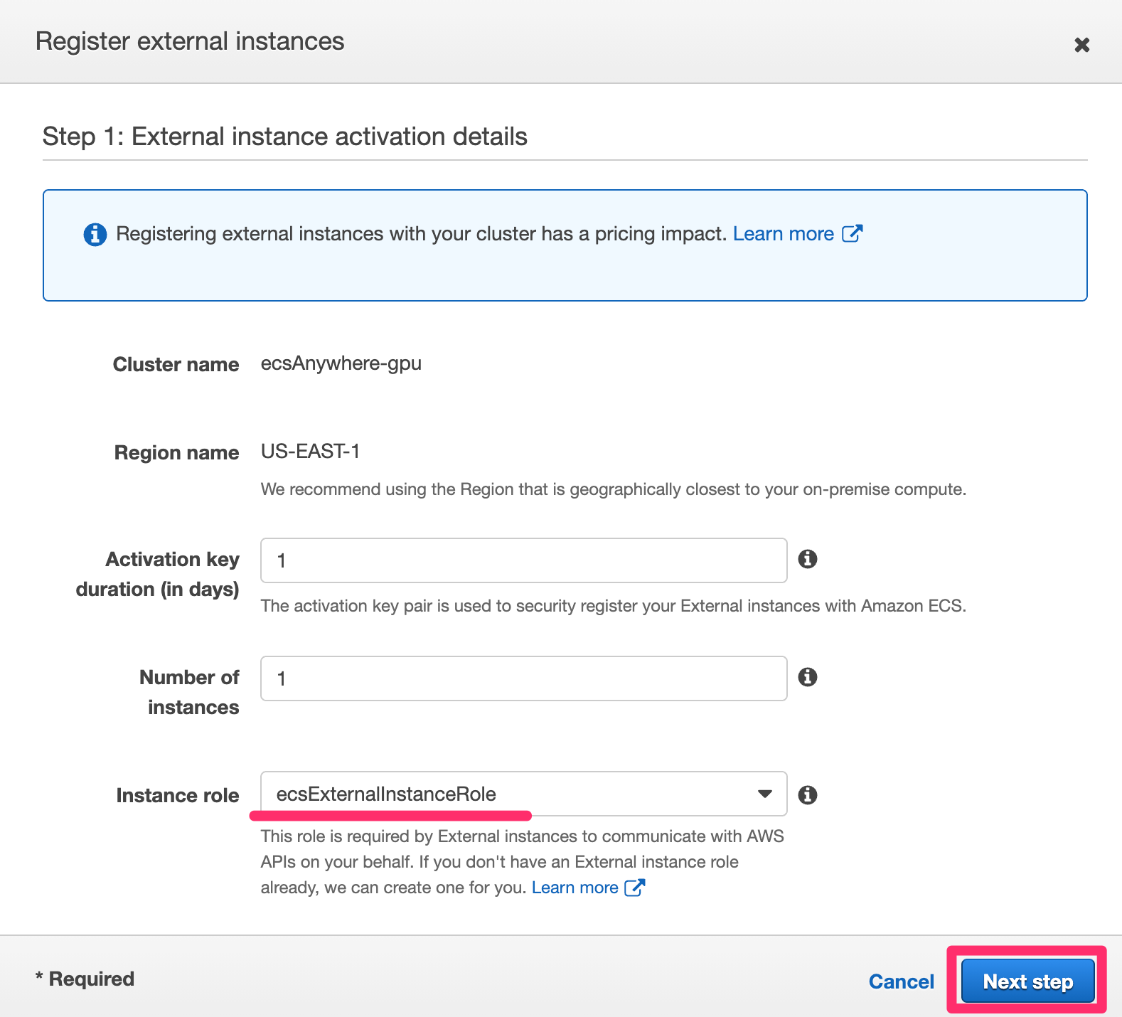 The first step to register an external instance