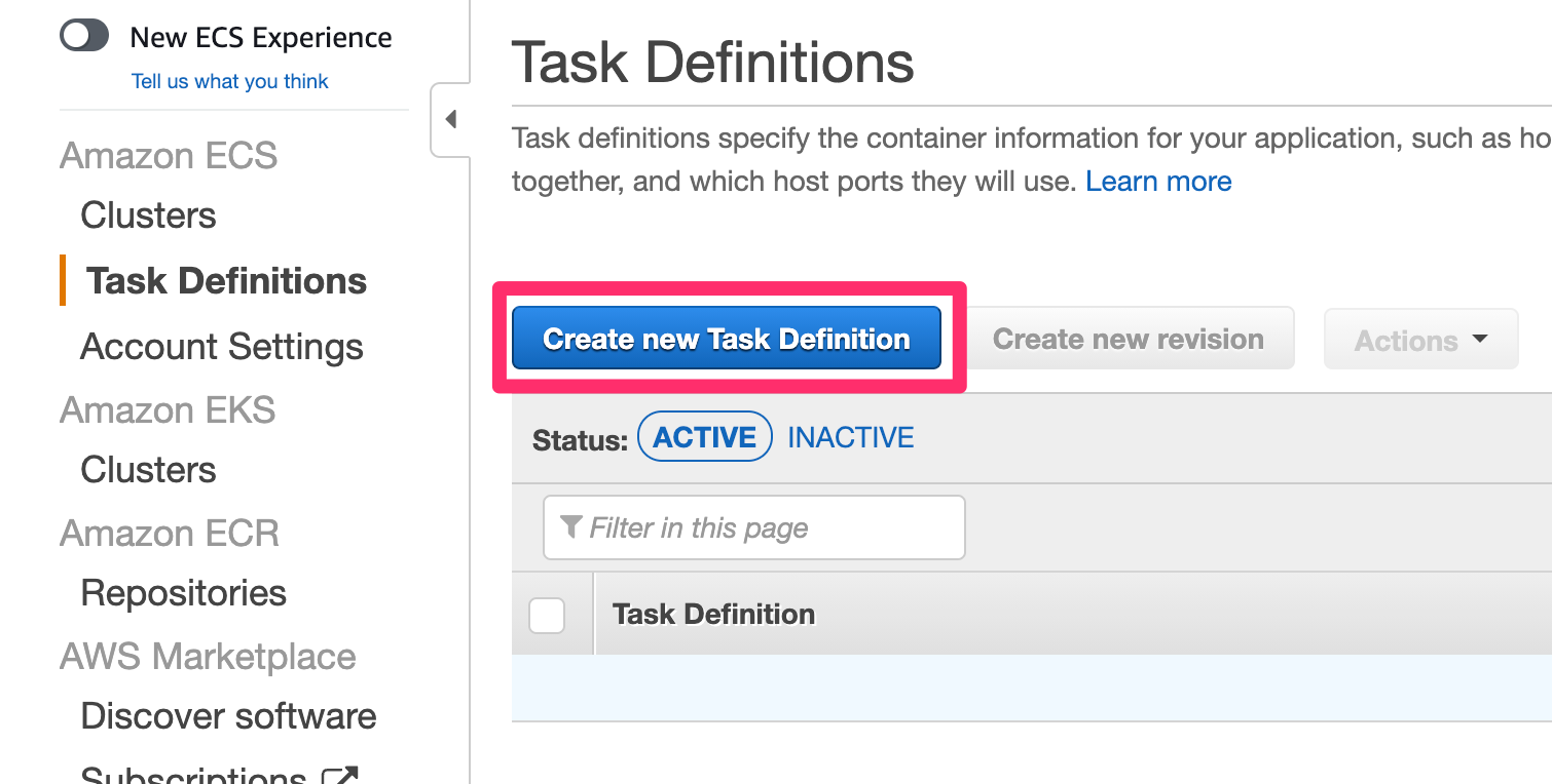 Selecting "Create new Task Definition"