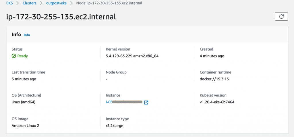 Console view of checking the outpost-eks node