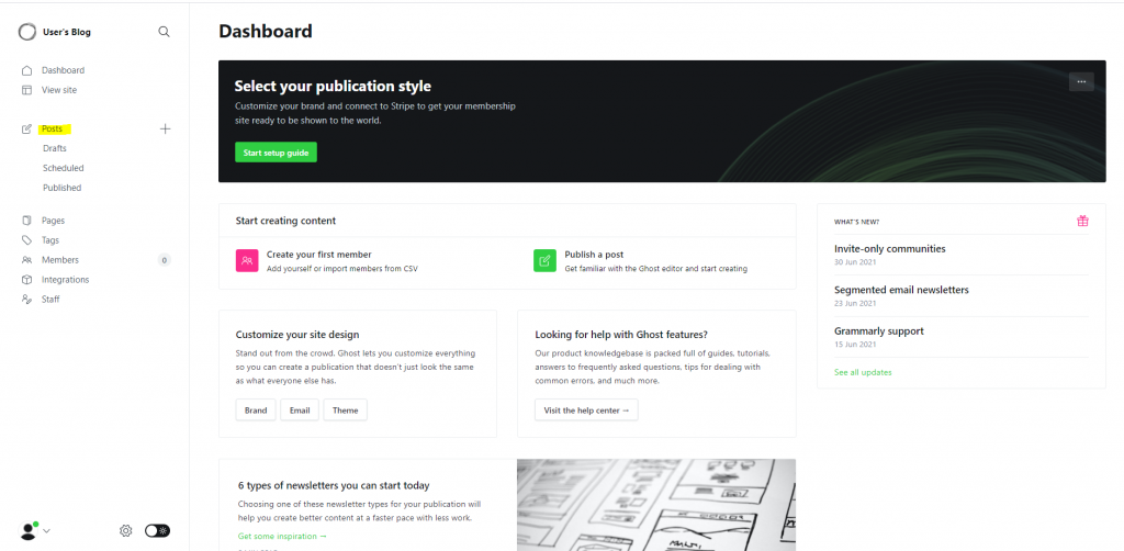 Creating a blog post in the Ghost console