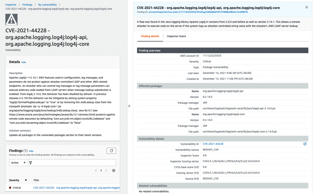 Screenshot of Amazon Inspector console findings by vulnerability