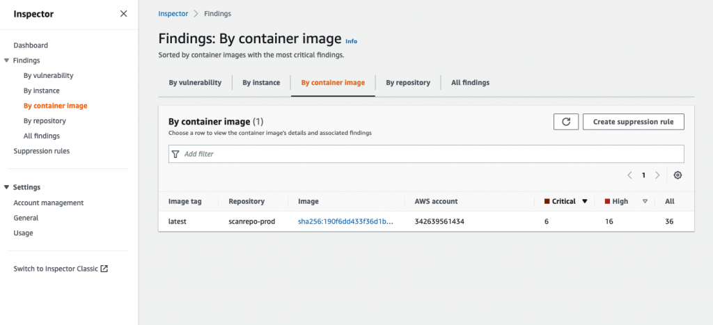 Screenshot of Amazon Inspector console findings by repository