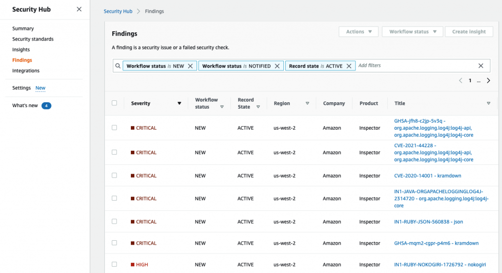 Screenshot of Security Hub console scan findings