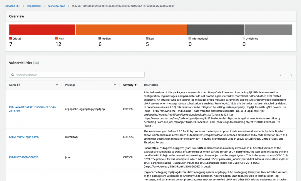 Screenshot of Amazon ECR console displaying findings from Amazon Inspector