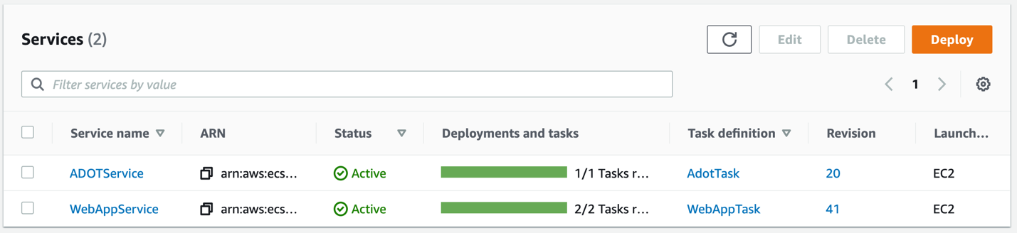 UI screenshot of Services tab